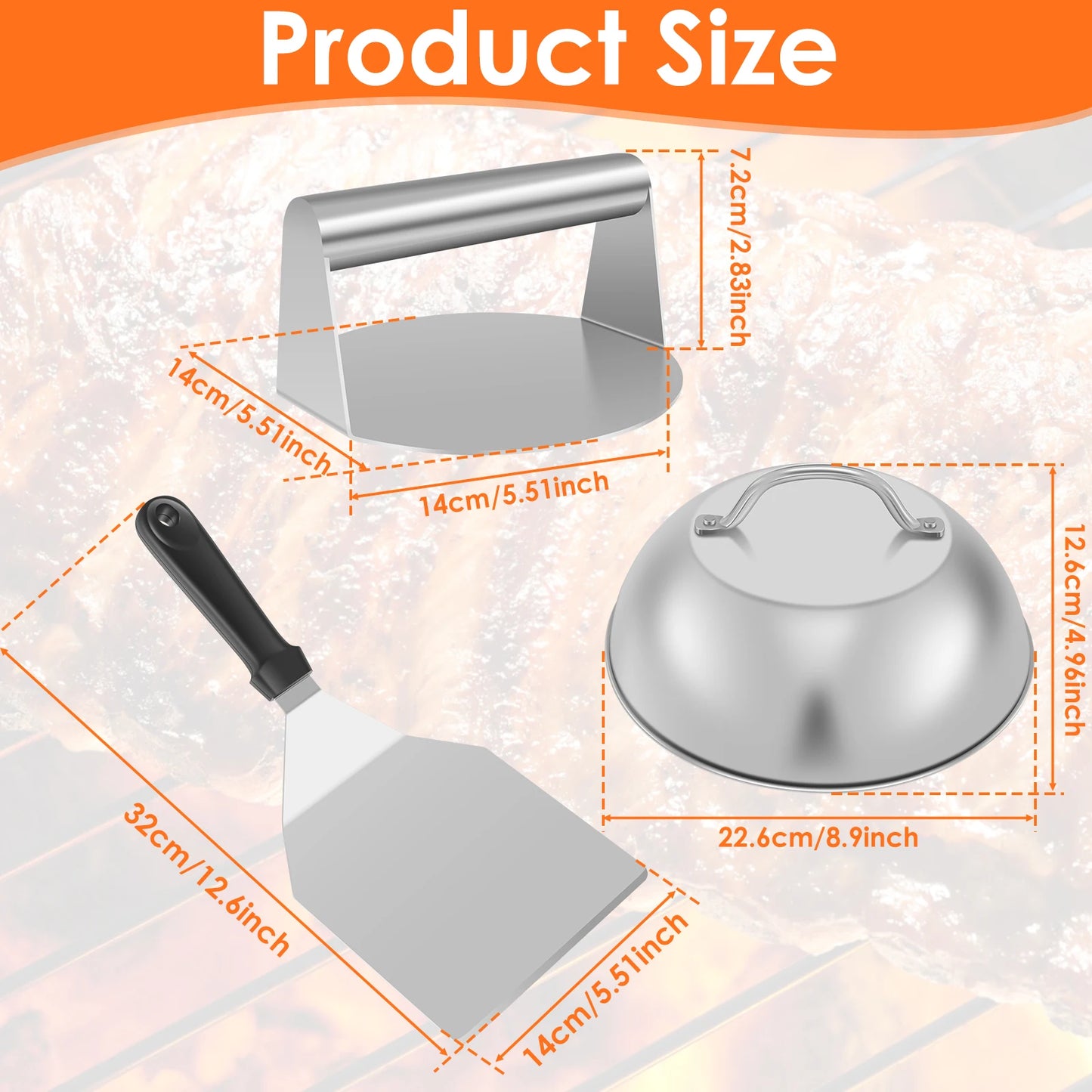 3‑Piece Stainless Steel Smash Burger Kit – Press, Spatula & Basting Cover