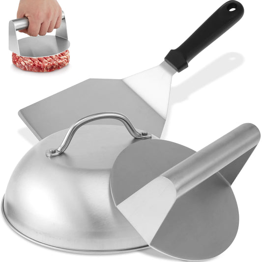 3‑Piece Stainless Steel Smash Burger Kit – Press, Spatula & Basting Cover