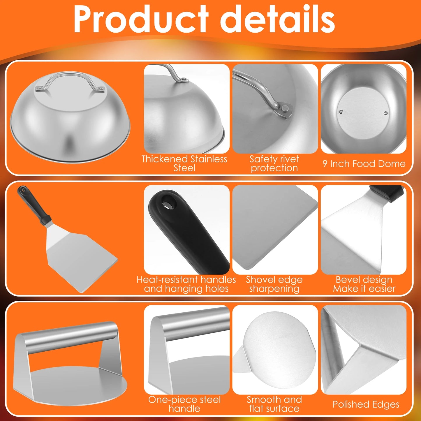 3‑Piece Stainless Steel Smash Burger Kit – Press, Spatula & Basting Cover