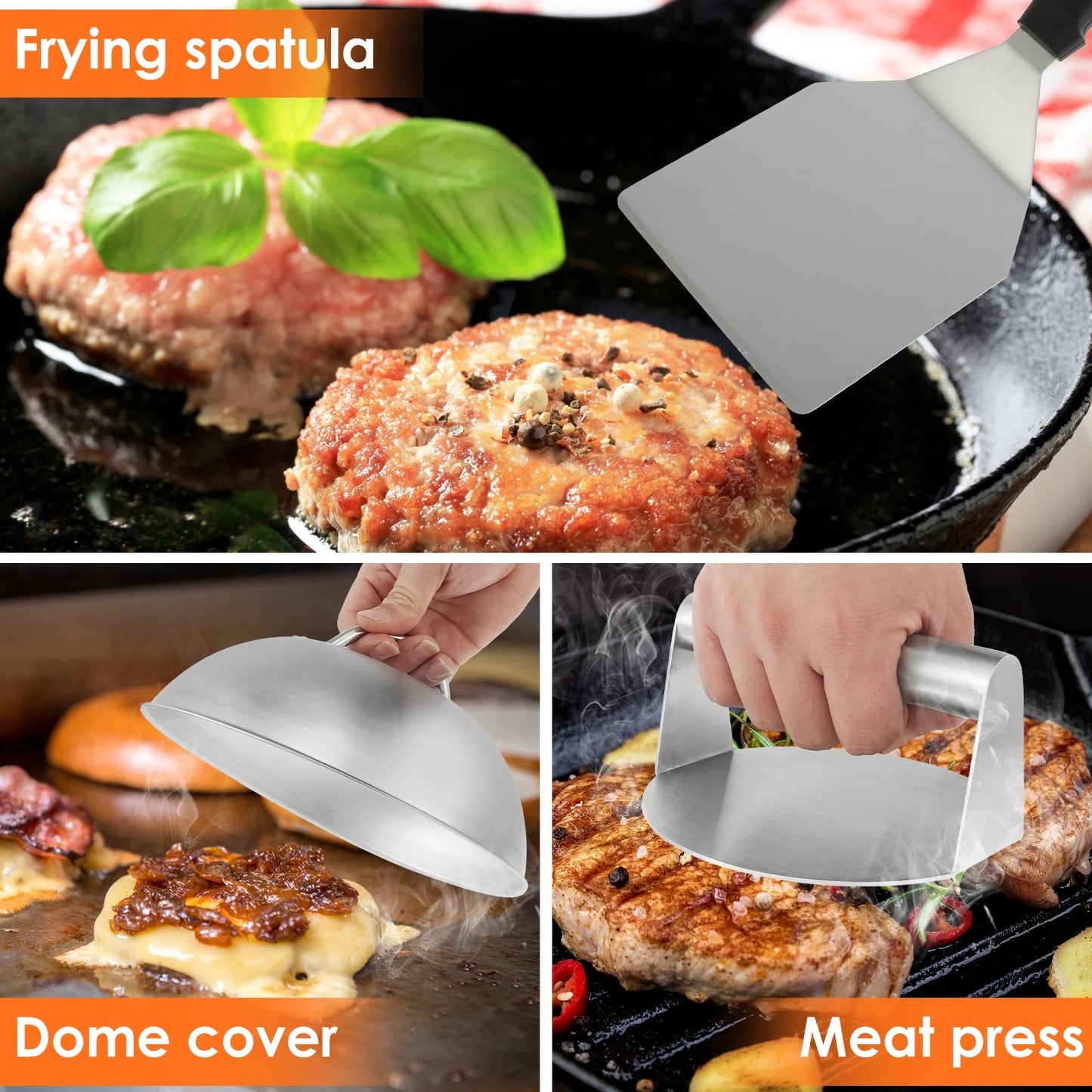 3‑Piece Stainless Steel Smash Burger Kit – Press, Spatula & Basting Cover